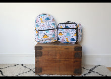 Load image into Gallery viewer, Personalised Dinosaur Patterned Children&#39;s Backpack + Lunch Box Bag Set
