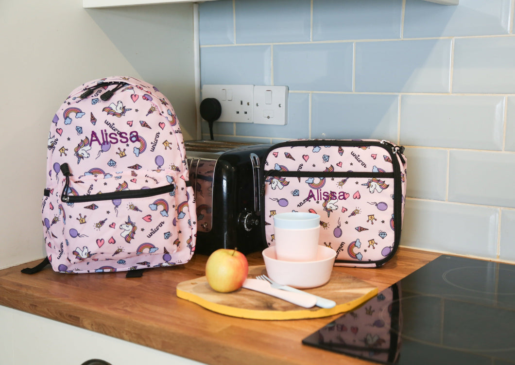 Personalised Unicorn Patterned Children's Backpack + Lunch Box Bag Set