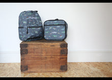 Load image into Gallery viewer, Personalised Dinosaur Patterned Children&#39;s Backpack + Lunch Box Bag Set
