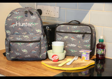 Load image into Gallery viewer, Personalised Dinosaur Patterned Children&#39;s Backpack + Lunch Box Bag Set
