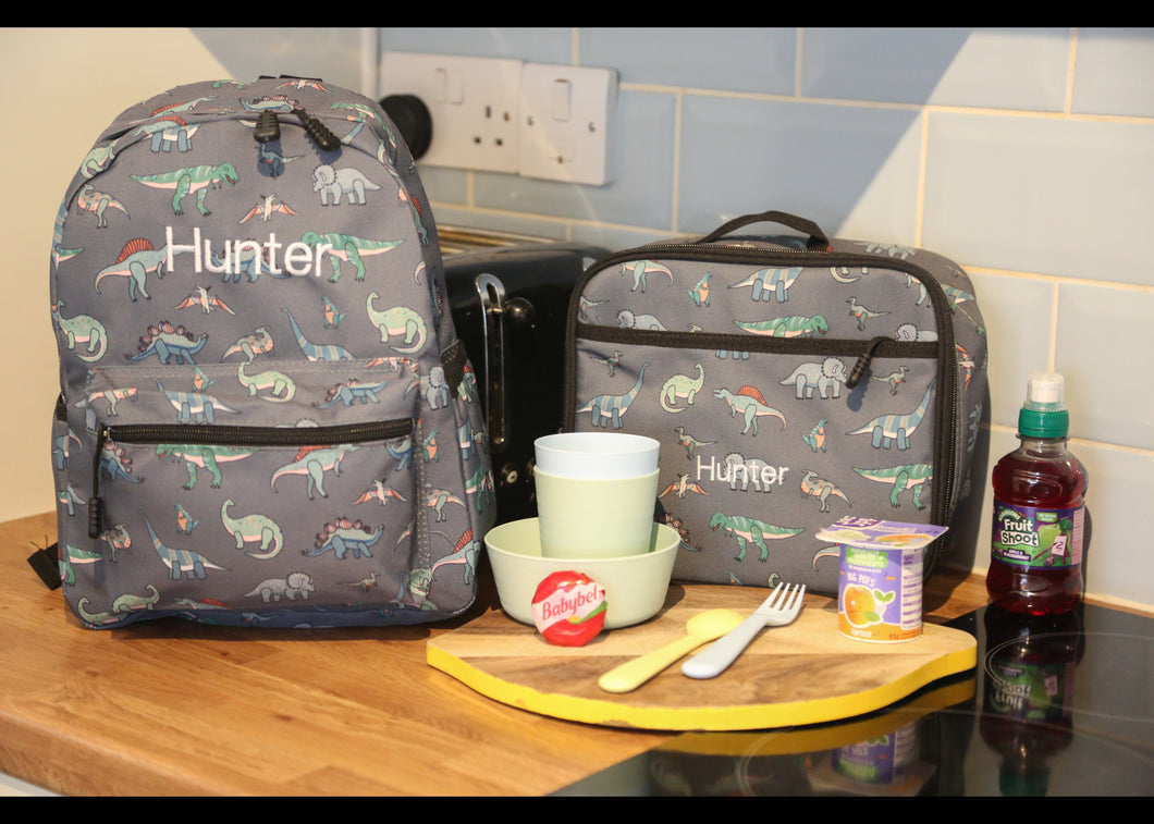 Personalised Dinosaur Patterned Children's Backpack + Lunch Box Bag Set